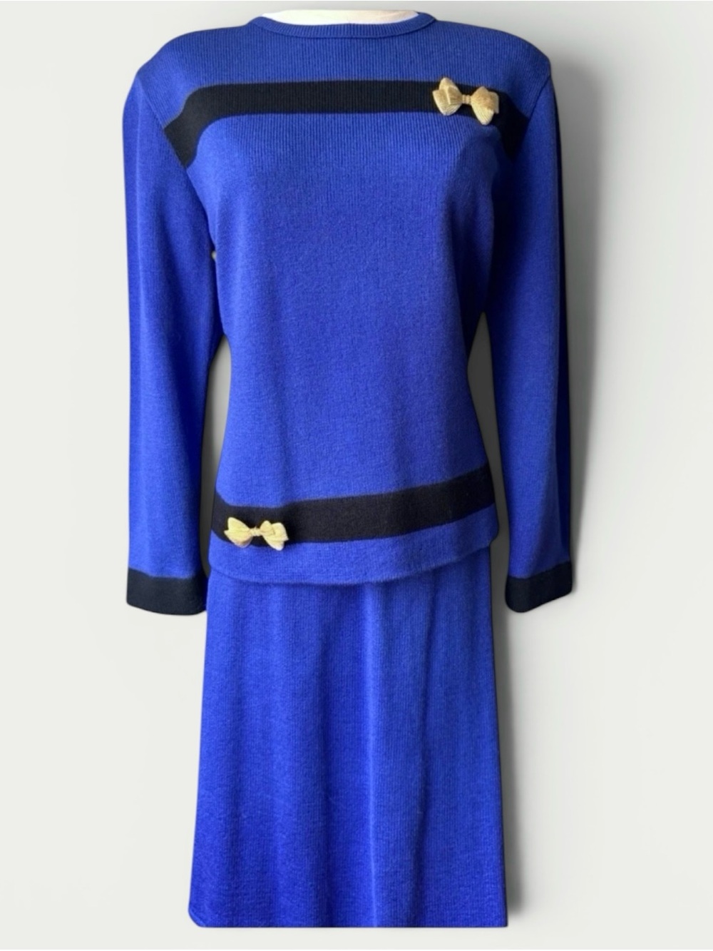Vintage Ami Knits Blue Knit Suit Gold Bow Sweater Skirt Set Mod 80s Sz 12